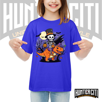 Skeleton Riding Mummy T Rex Halloween Funny Pumpkin Kids T-Shirt - Cute Dinosaur Skeleton Halloween Shirt for Boys and Girls