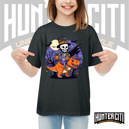 Skeleton Riding Mummy T Rex Halloween Funny Pumpkin Kids T-Shirt - Cute Dinosaur Skeleton Halloween Shirt for Boys and Girls