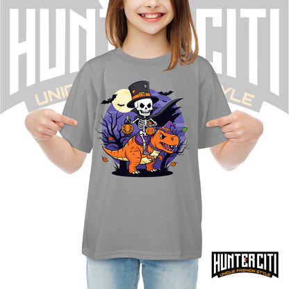 Skeleton Riding Mummy T Rex Halloween Funny Pumpkin Kids T-Shirt - Cute Dinosaur Skeleton Halloween Shirt for Boys and Girls