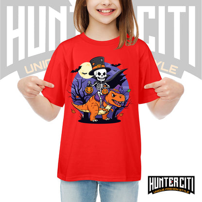 Skeleton Riding Mummy T Rex Halloween Funny Pumpkin Kids T-Shirt - Cute Dinosaur Skeleton Halloween Shirt for Boys and Girls
