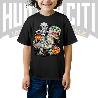 Skeleton Riding Mummy Dinosaur T Rex Halloween Funny Pumpkin Kids T-Shirt - Cute Dinosaur Skeleton Halloween Shirt for Boys and Girls