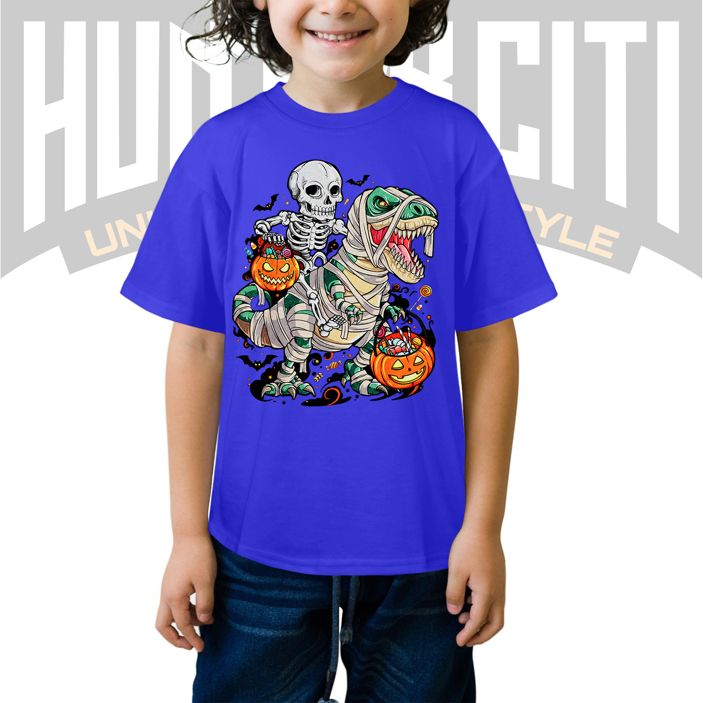 Skeleton Riding Mummy Dinosaur T Rex Halloween Funny Pumpkin Kids T-Shirt - Cute Dinosaur Skeleton Halloween Shirt for Boys and Girls