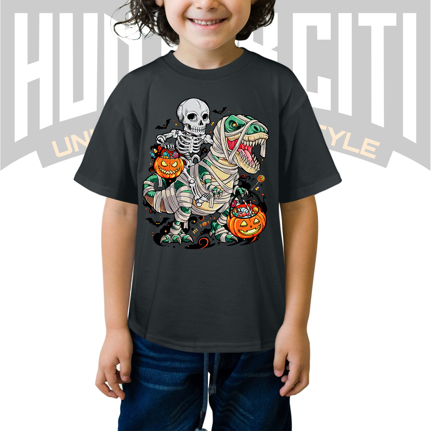 Skeleton Riding Mummy Dinosaur T Rex Halloween Funny Pumpkin Kids T-Shirt - Cute Dinosaur Skeleton Halloween Shirt for Boys and Girls