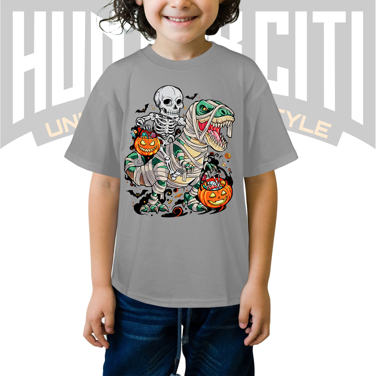 Skeleton Riding Mummy Dinosaur T Rex Halloween Funny Pumpkin Kids T-Shirt - Cute Dinosaur Skeleton Halloween Shirt for Boys and Girls