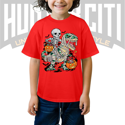 Skeleton Riding Mummy Dinosaur T Rex Halloween Funny Pumpkin Kids T-Shirt - Cute Dinosaur Skeleton Halloween Shirt for Boys and Girls