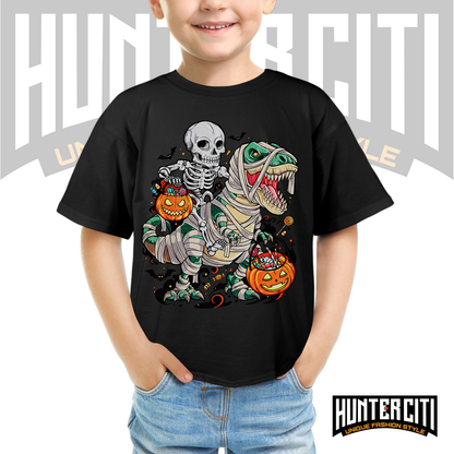 Skeleton Riding Mummy Dinosaur T Rex Halloween Funny Pumpkin Kids T-Shirt - Cute Dinosaur Skeleton Halloween Shirt for Boys and Girls