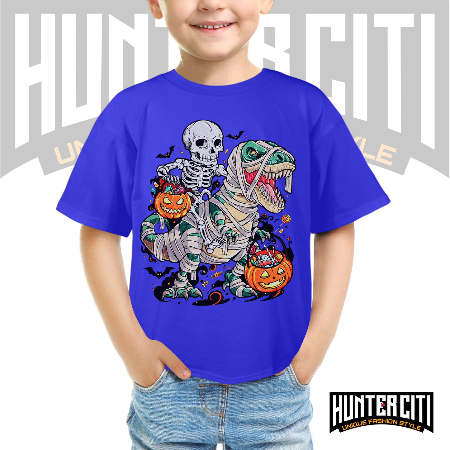 Skeleton Riding Mummy Dinosaur T Rex Halloween Funny Pumpkin Kids T-Shirt - Cute Dinosaur Skeleton Halloween Shirt for Boys and Girls