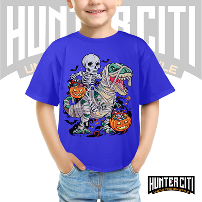 Skeleton Riding Mummy Dinosaur T Rex Halloween Funny Pumpkin Kids T-Shirt - Cute Dinosaur Skeleton Halloween Shirt for Boys and Girls