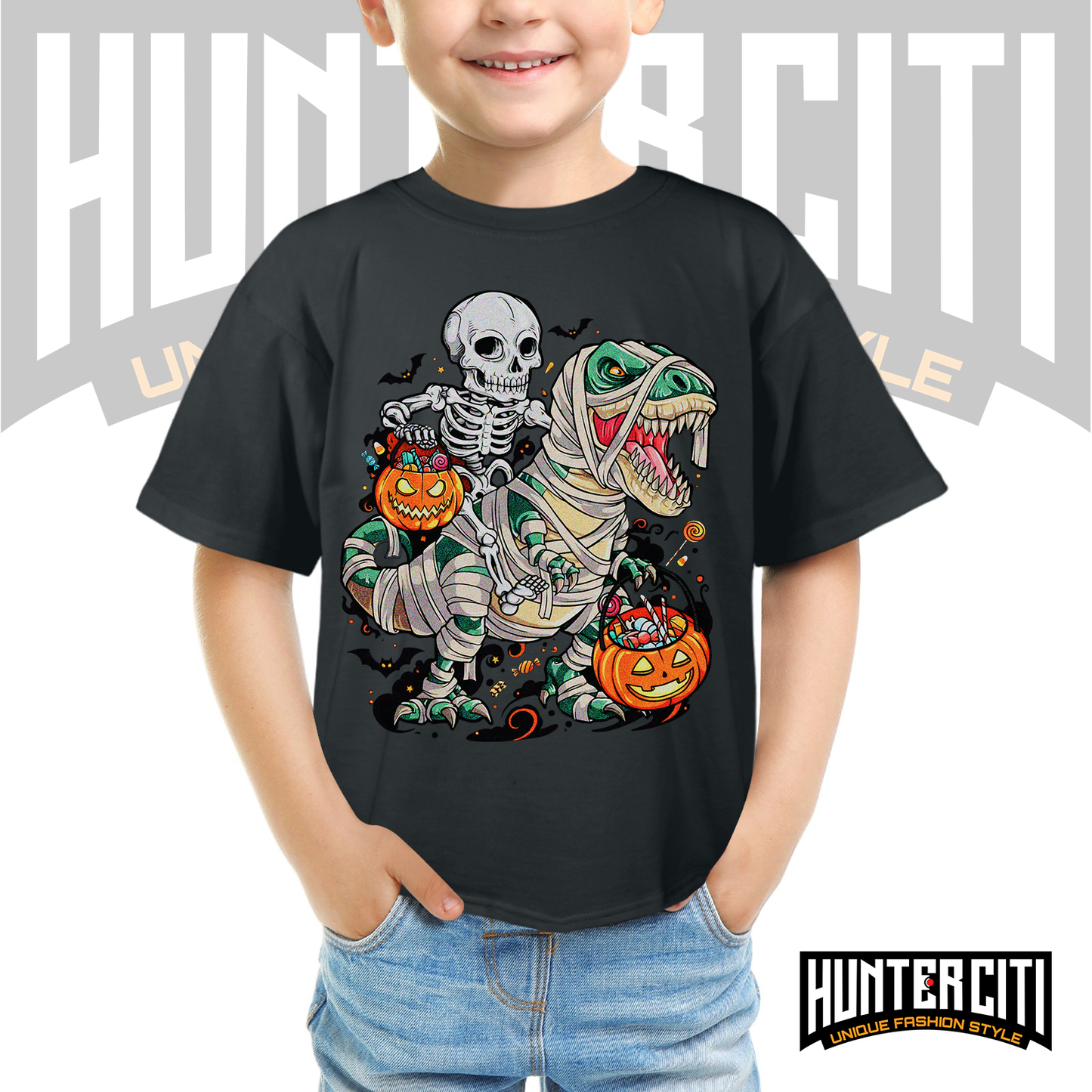 Skeleton Riding Mummy Dinosaur T Rex Halloween Funny Pumpkin Kids T-Shirt - Cute Dinosaur Skeleton Halloween Shirt for Boys and Girls
