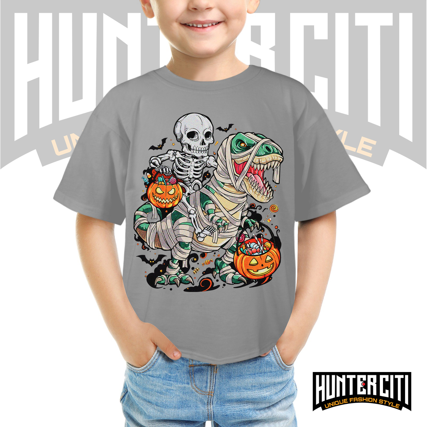Skeleton Riding Mummy Dinosaur T Rex Halloween Funny Pumpkin Kids T-Shirt - Cute Dinosaur Skeleton Halloween Shirt for Boys and Girls