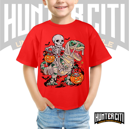 Skeleton Riding Mummy Dinosaur T Rex Halloween Funny Pumpkin Kids T-Shirt - Cute Dinosaur Skeleton Halloween Shirt for Boys and Girls