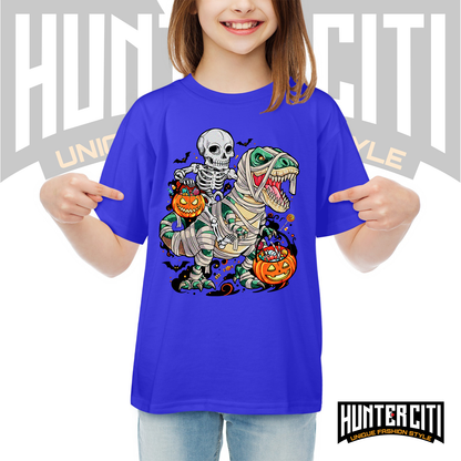 Skeleton Riding Mummy Dinosaur T Rex Halloween Funny Pumpkin Kids T-Shirt - Cute Dinosaur Skeleton Halloween Shirt for Boys and Girls