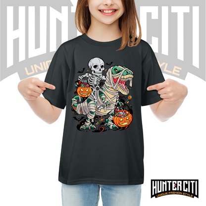 Skeleton Riding Mummy Dinosaur T Rex Halloween Funny Pumpkin Kids T-Shirt - Cute Dinosaur Skeleton Halloween Shirt for Boys and Girls