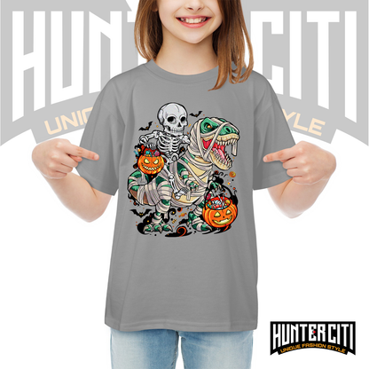 Skeleton Riding Mummy Dinosaur T Rex Halloween Funny Pumpkin Kids T-Shirt - Cute Dinosaur Skeleton Halloween Shirt for Boys and Girls