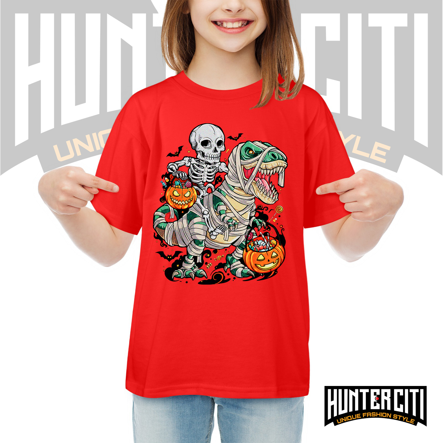 Skeleton Riding Mummy Dinosaur T Rex Halloween Funny Pumpkin Kids T-Shirt - Cute Dinosaur Skeleton Halloween Shirt for Boys and Girls