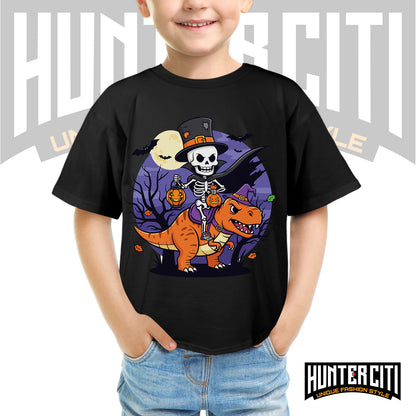 Skeleton Riding Mummy T Rex Halloween Funny Pumpkin Kids T-Shirt - Cute Dinosaur Skeleton Halloween Shirt for Boys and Girls