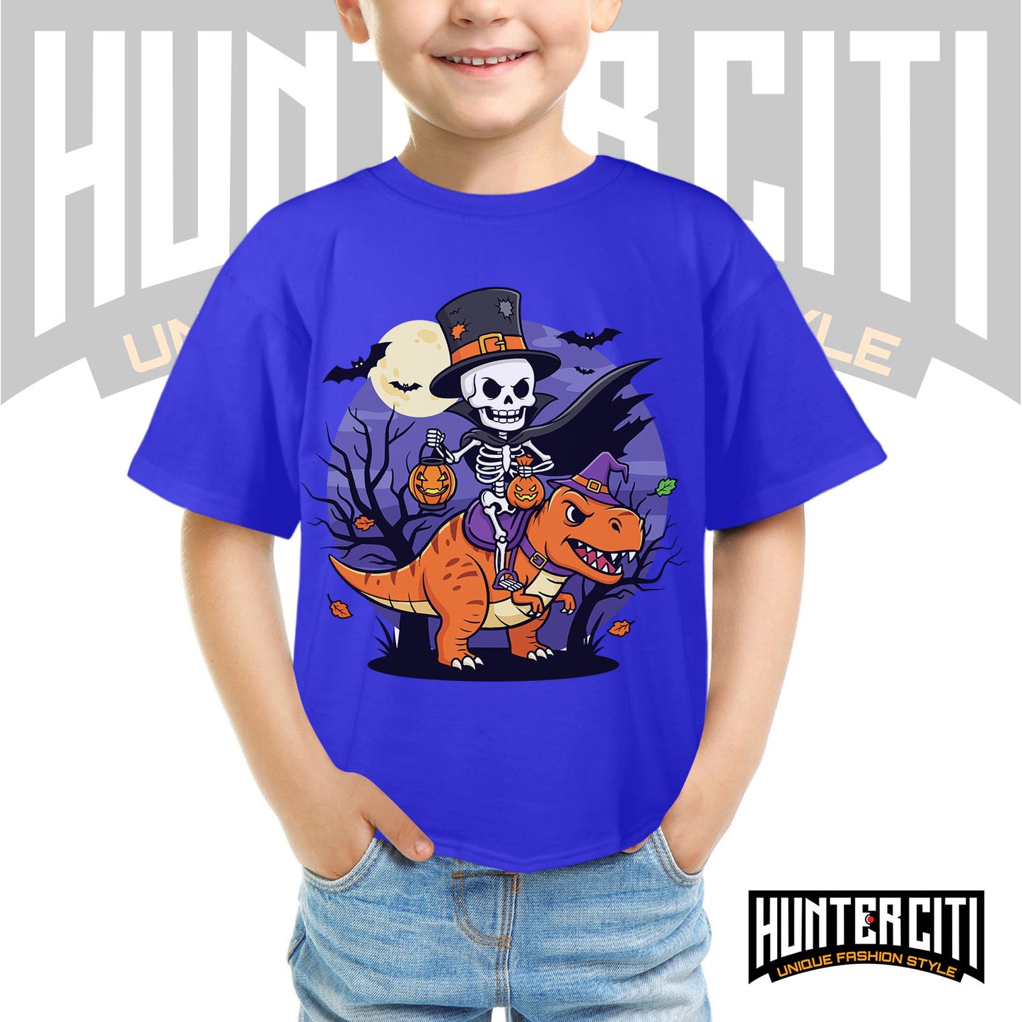 Skeleton Riding Mummy T Rex Halloween Funny Pumpkin Kids T-Shirt - Cute Dinosaur Skeleton Halloween Shirt for Boys and Girls