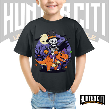 Skeleton Riding Mummy T Rex Halloween Funny Pumpkin Kids T-Shirt - Cute Dinosaur Skeleton Halloween Shirt for Boys and Girls