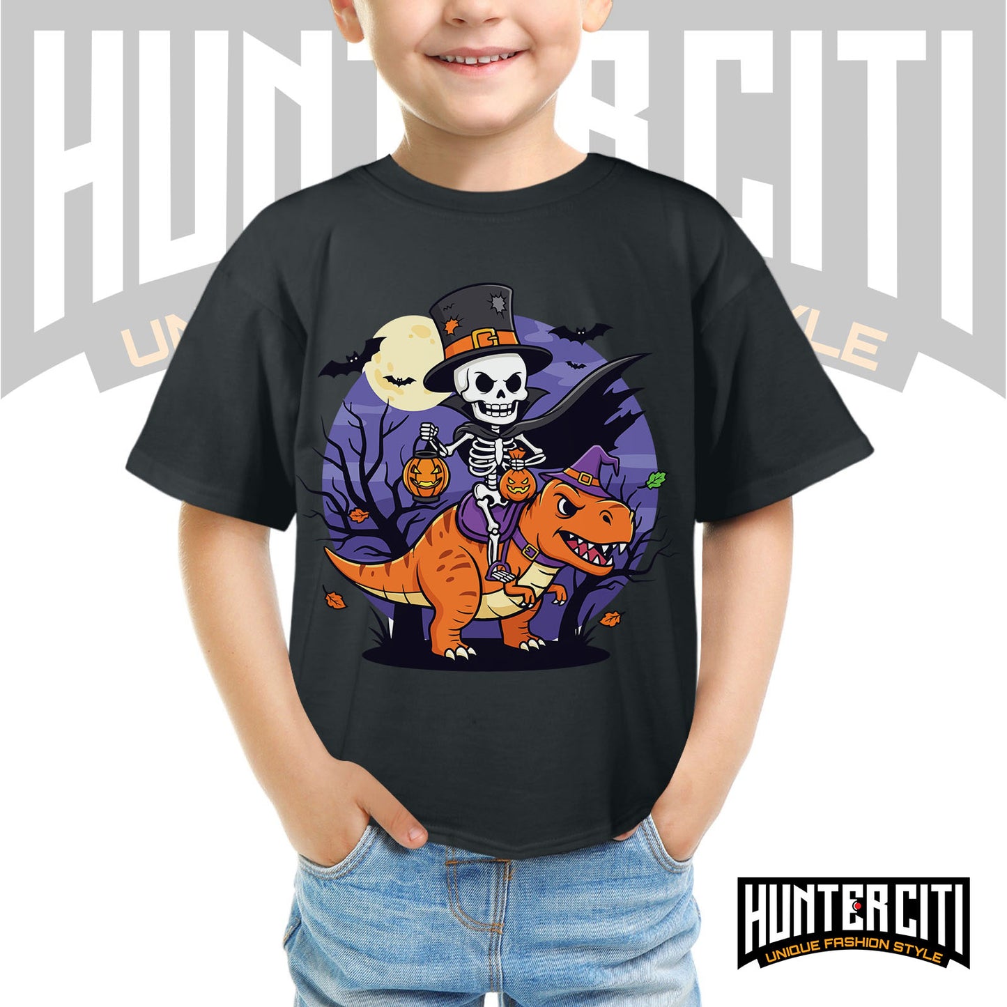 Skeleton Riding Mummy T Rex Halloween Funny Pumpkin Kids T-Shirt - Cute Dinosaur Skeleton Halloween Shirt for Boys and Girls