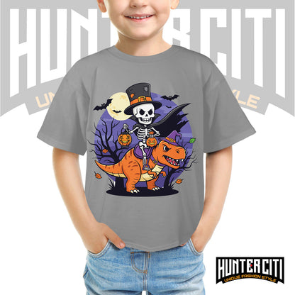 Skeleton Riding Mummy T Rex Halloween Funny Pumpkin Kids T-Shirt - Cute Dinosaur Skeleton Halloween Shirt for Boys and Girls