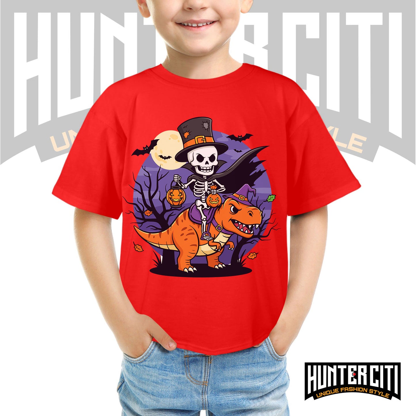 Skeleton Riding Mummy T Rex Halloween Funny Pumpkin Kids T-Shirt - Cute Dinosaur Skeleton Halloween Shirt for Boys and Girls