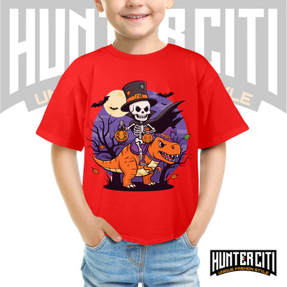 Skeleton Riding Mummy T Rex Halloween Funny Pumpkin Kids T-Shirt - Cute Dinosaur Skeleton Halloween Shirt for Boys and Girls
