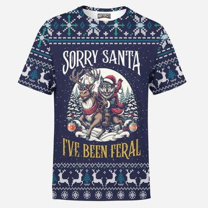 Funny Christmas Wolf Sorry Santa I’ve Been Feral Holiday Gift for Animal Lovers Mens T-Shirt
