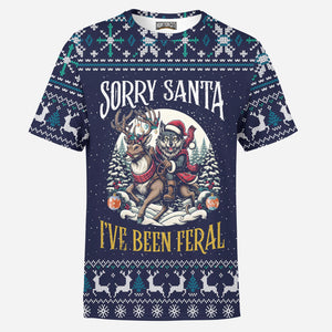 Funny Christmas Wolf Sorry Santa I’ve Been Feral Holiday Gift for Animal Lovers Mens T-Shirt