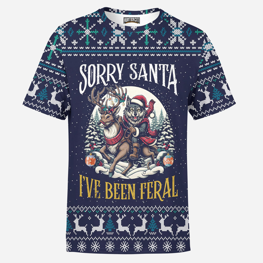Funny Christmas Wolf Sorry Santa I’ve Been Feral Holiday Gift for Animal Lovers Mens T-Shirt