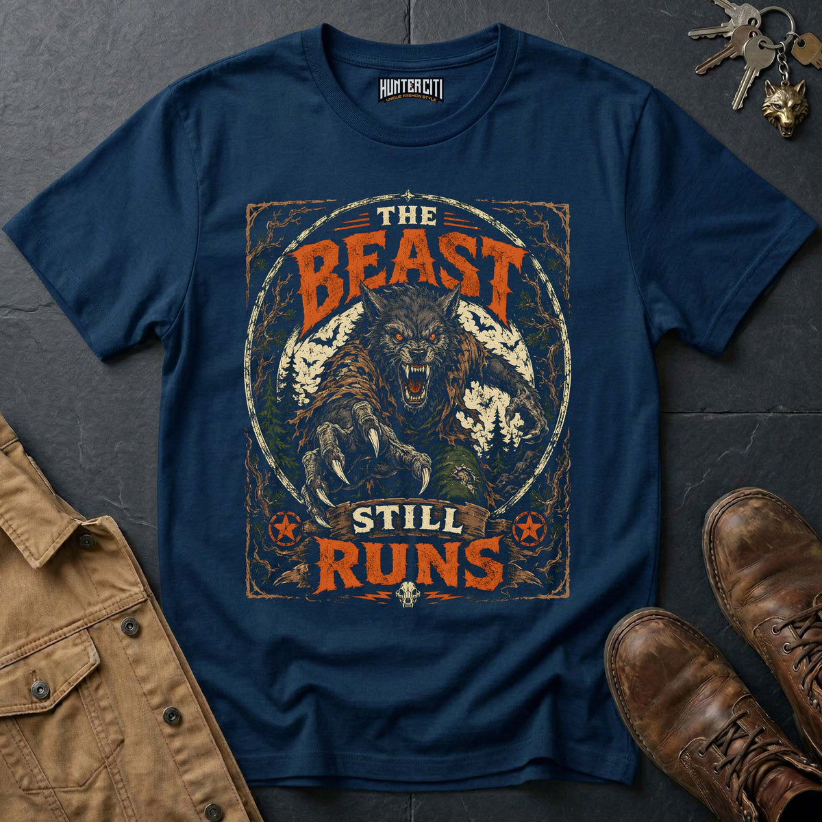 The Beast Still Runs - Werewolf Chase Horror Vintage Wolf Halloween T Shirt