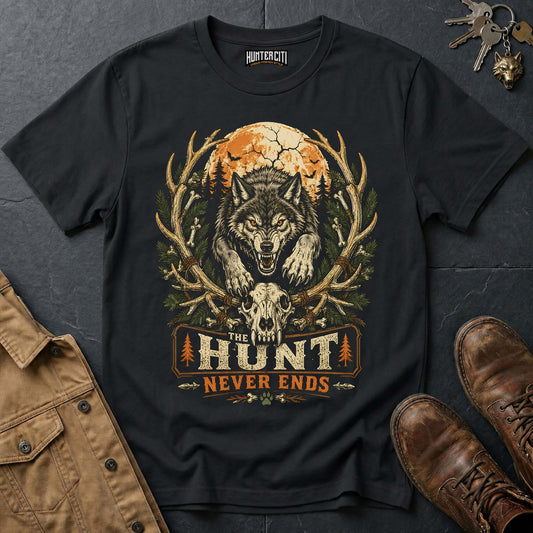 The Hunt Never Ends Vintage Wolf Halloween T Shirt