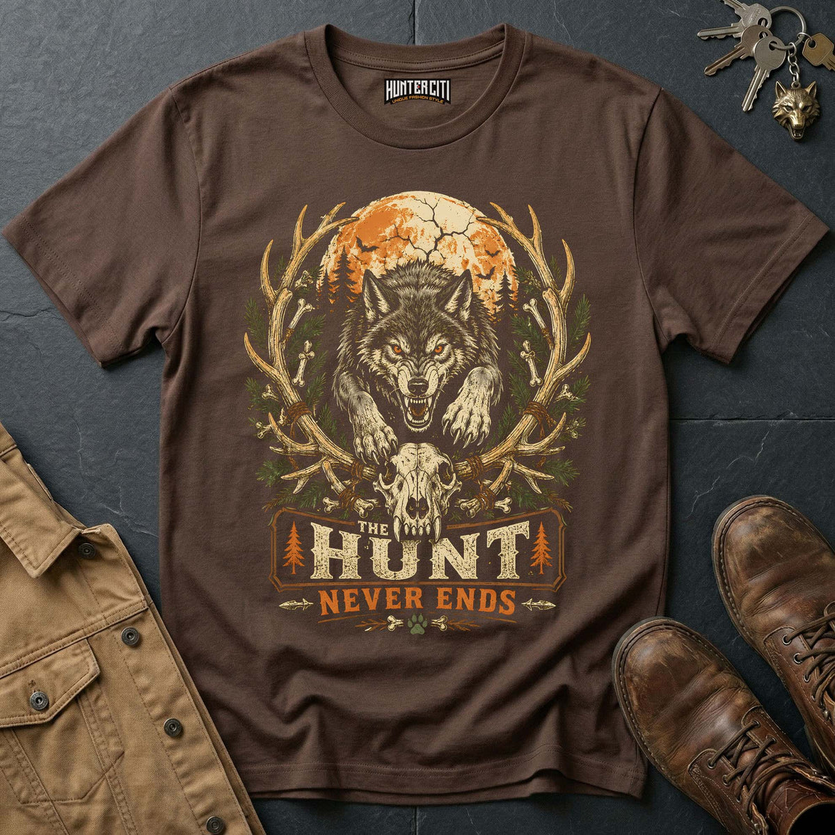 The Hunt Never Ends Vintage Wolf Halloween T Shirt