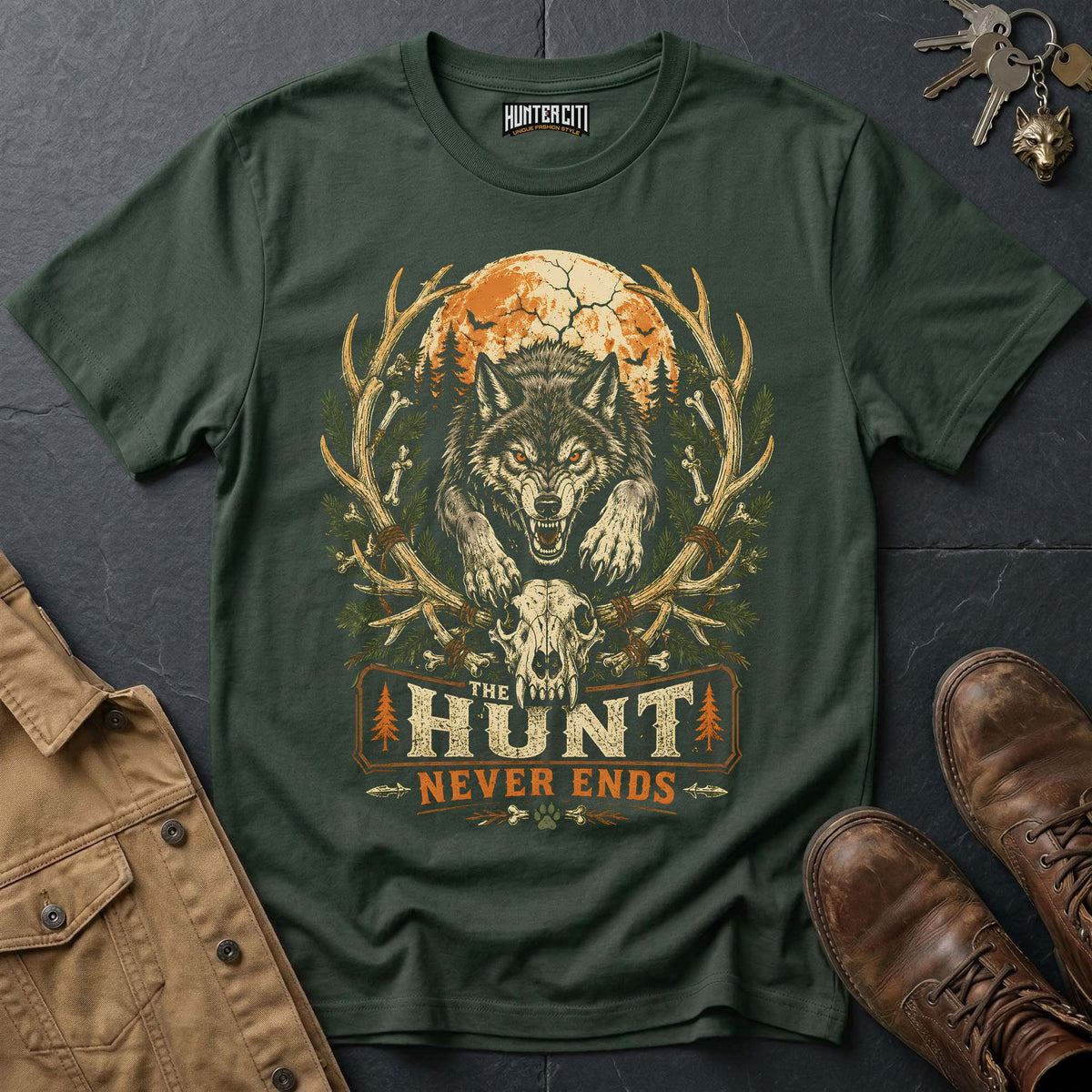 The Hunt Never Ends Vintage Wolf Halloween T Shirt