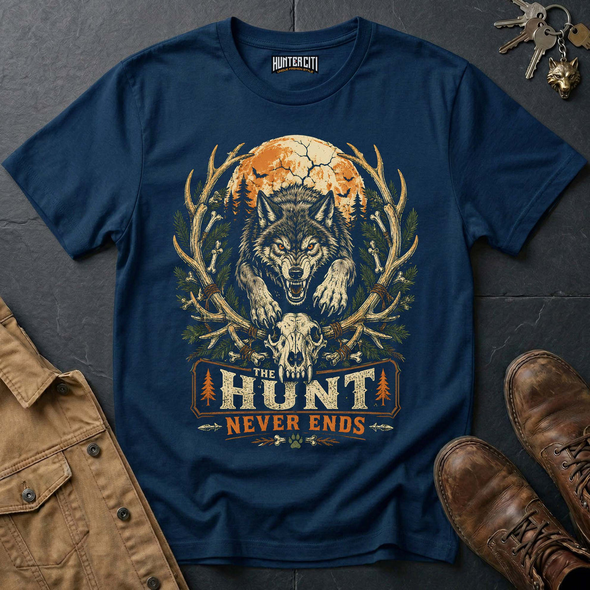 The Hunt Never Ends Vintage Wolf Halloween T Shirt