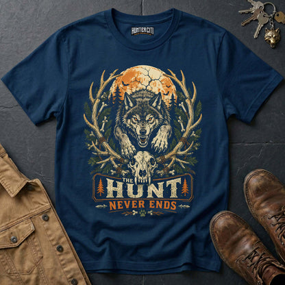 The Hunt Never Ends Vintage Wolf Halloween T Shirt