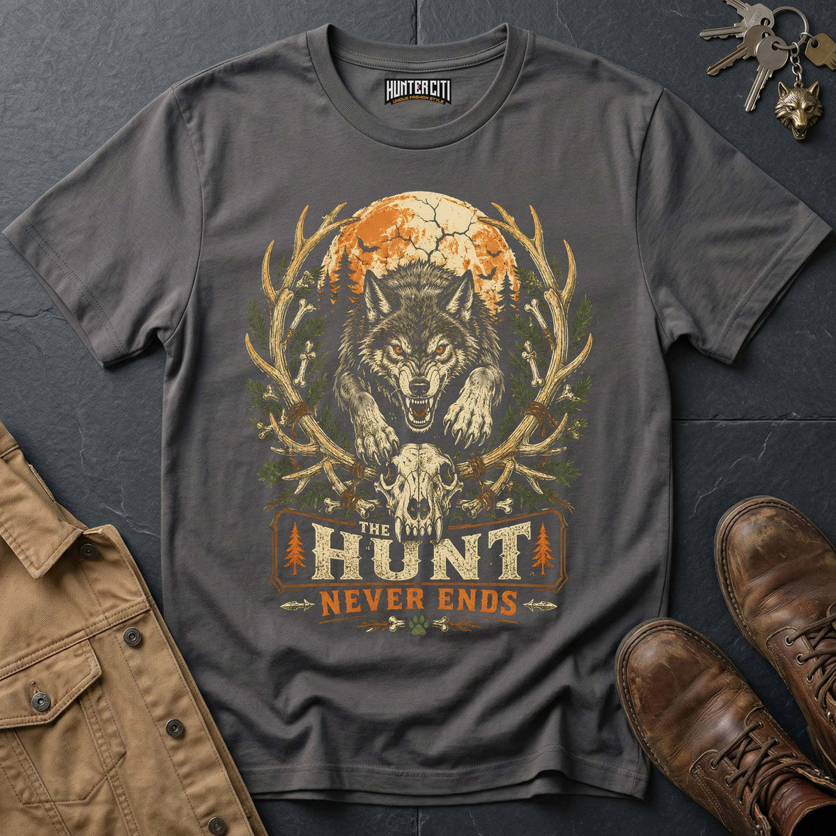 The Hunt Never Ends Vintage Wolf Halloween T Shirt
