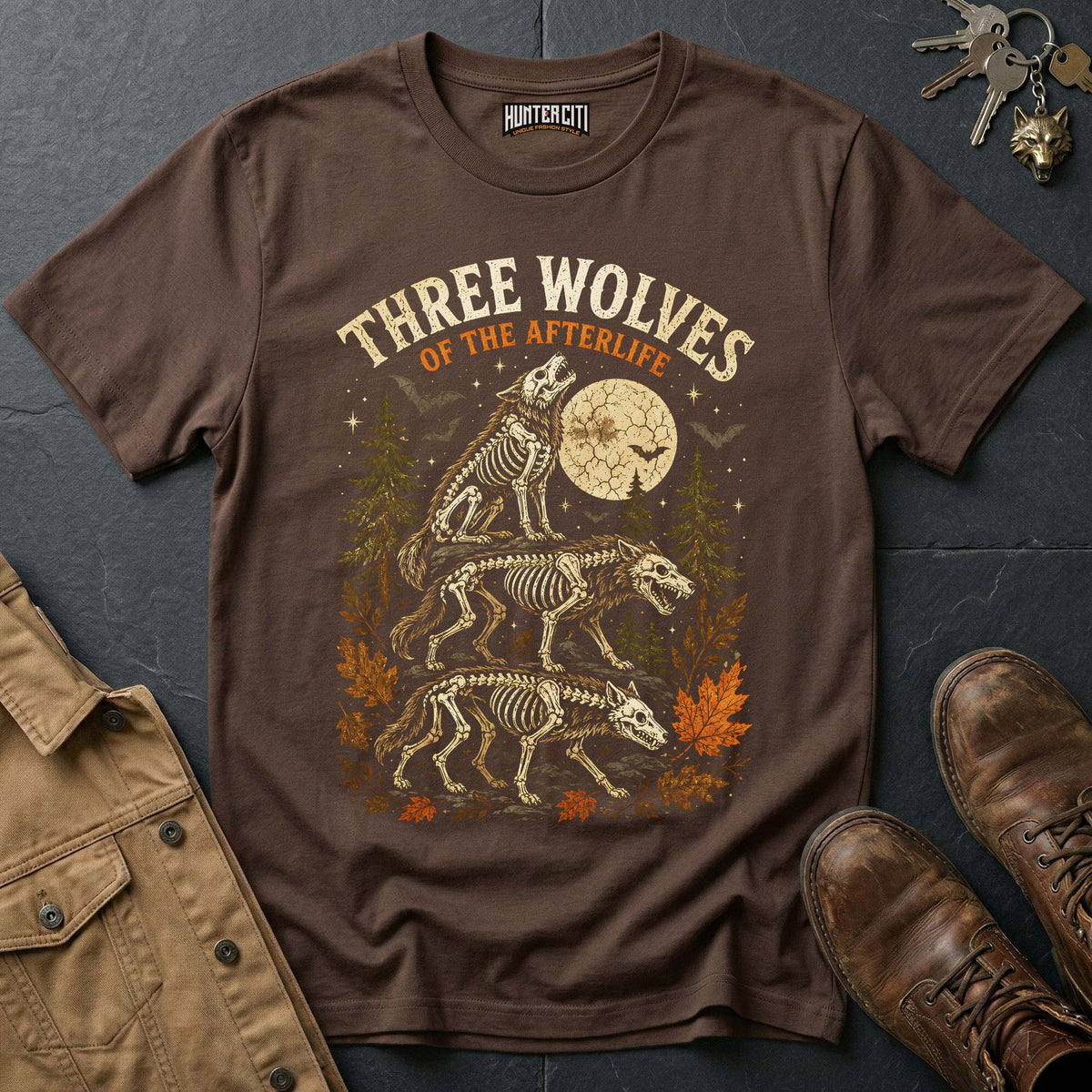 Three Wolves of the Afterlife - Skeleton Wolf Pack Vintage Wolf Halloween T Shirt