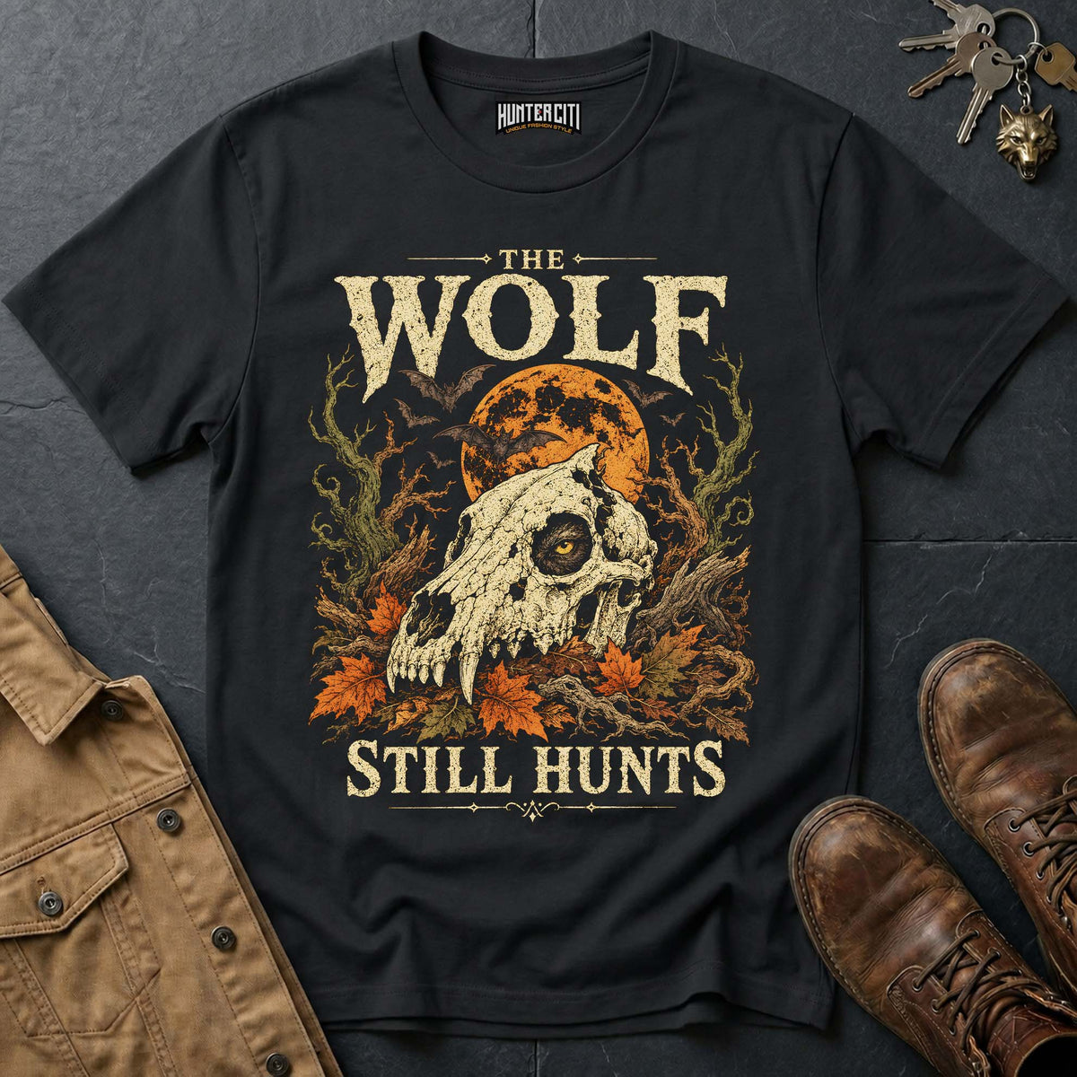 The Wolf Still Hunts - Skull Moon Vintage Wolf Halloween T Shirt