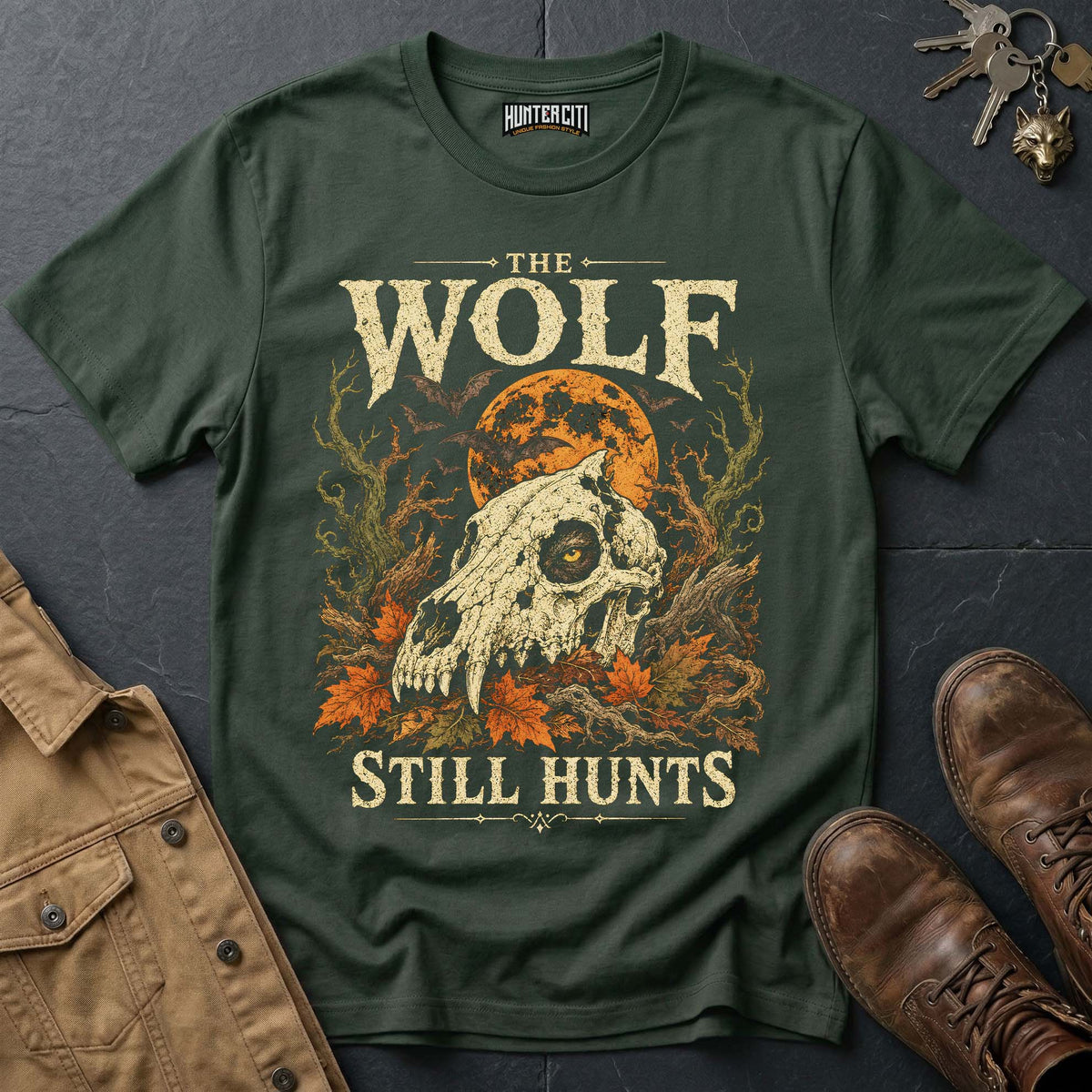 The Wolf Still Hunts - Skull Moon Vintage Wolf Halloween T Shirt
