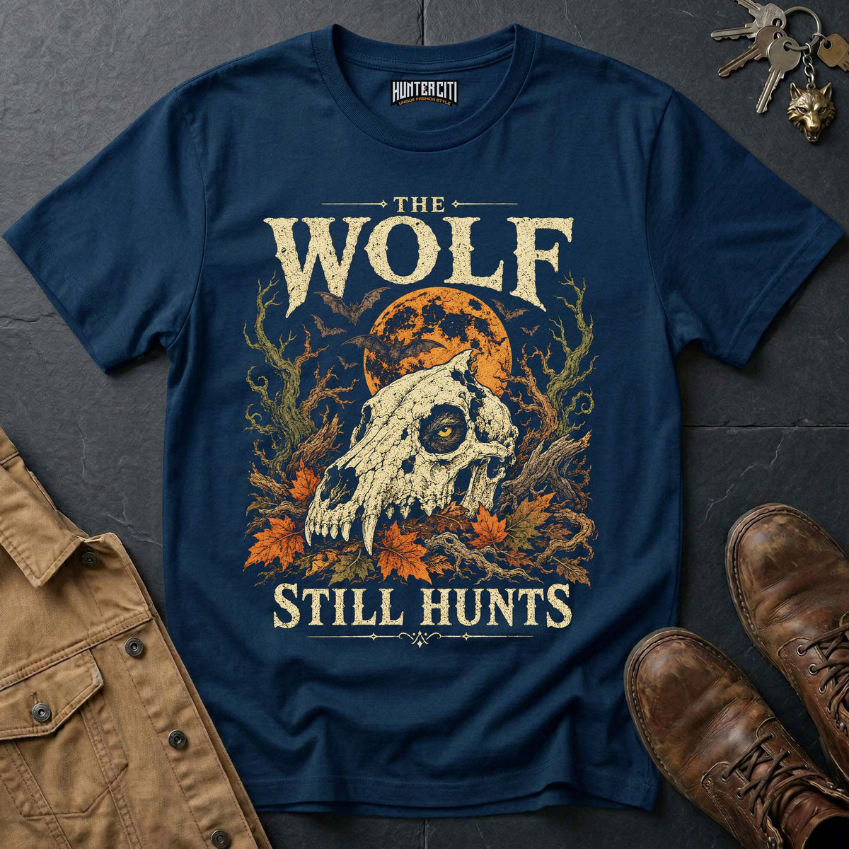 The Wolf Still Hunts - Skull Moon Vintage Wolf Halloween T Shirt