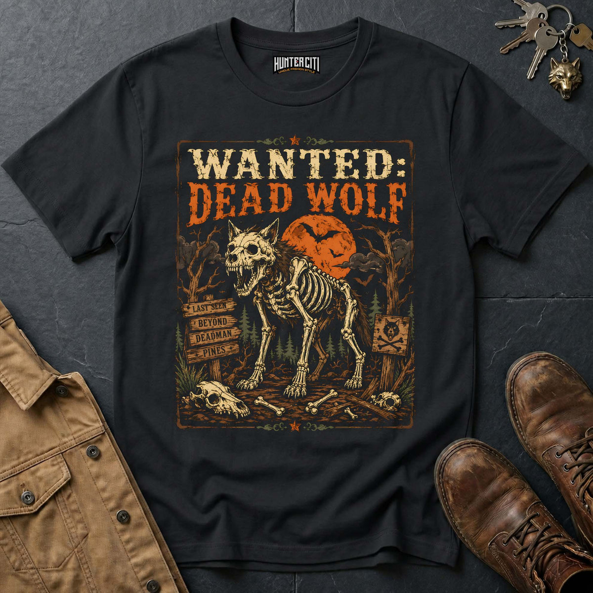 Wanted Dead Wolf - Wild West Skeleton Wolf Vintage Wolf Halloween T Shirt