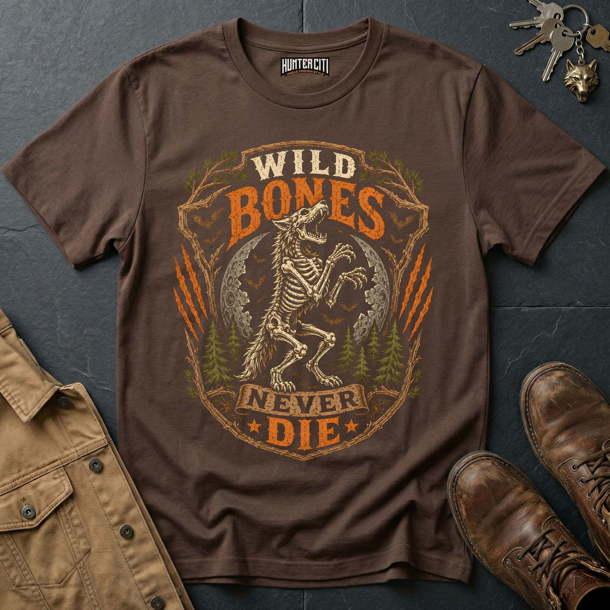 Wild Bones Never Die - Skeleton Wolf Rider Vintage Wolf Halloween T Shirt