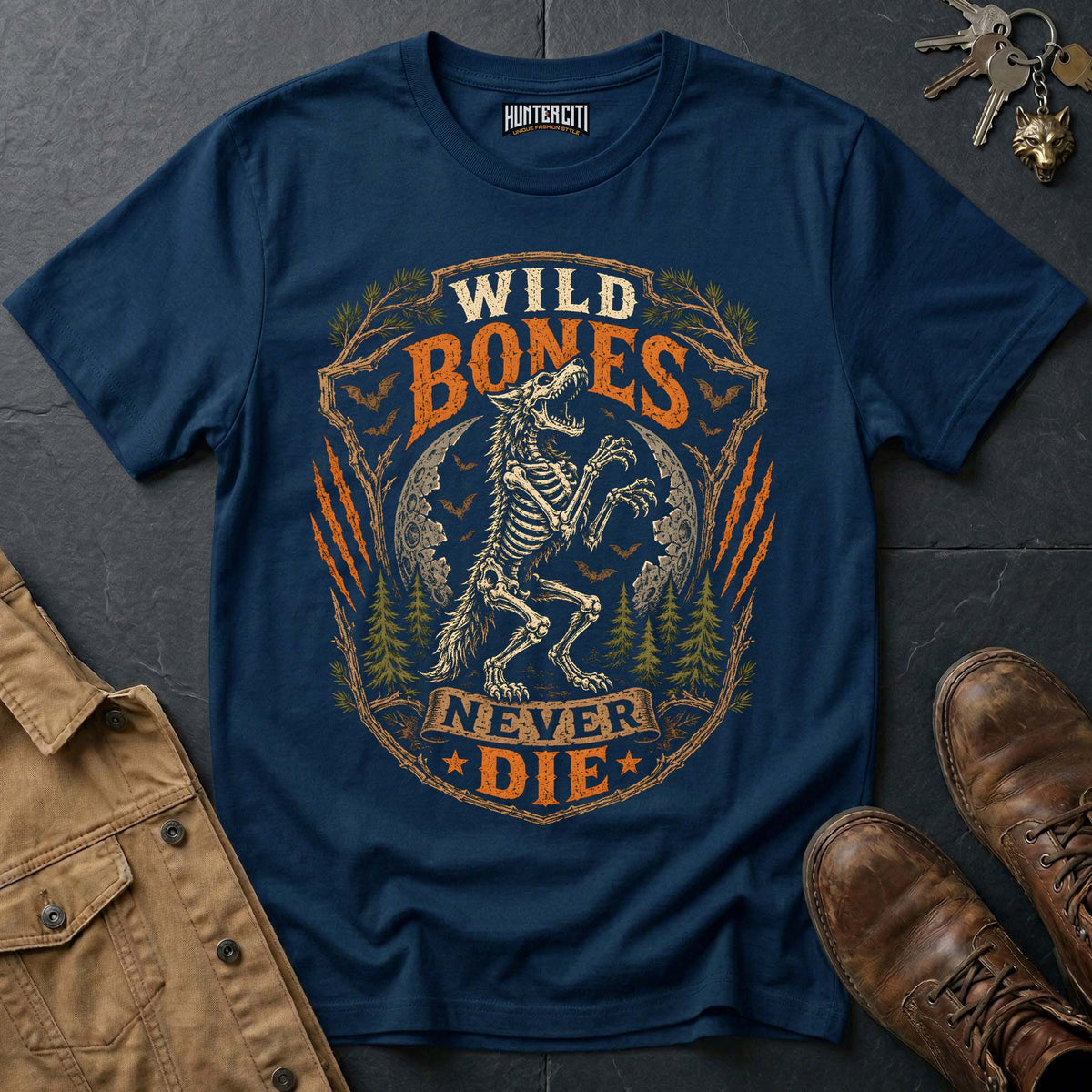Wild Bones Never Die - Skeleton Wolf Rider Vintage Wolf Halloween T Shirt