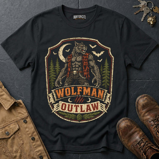 Wolfman Outlaw - Moonlit Werewolf Badge Vintage Wolf Halloween T Shirt