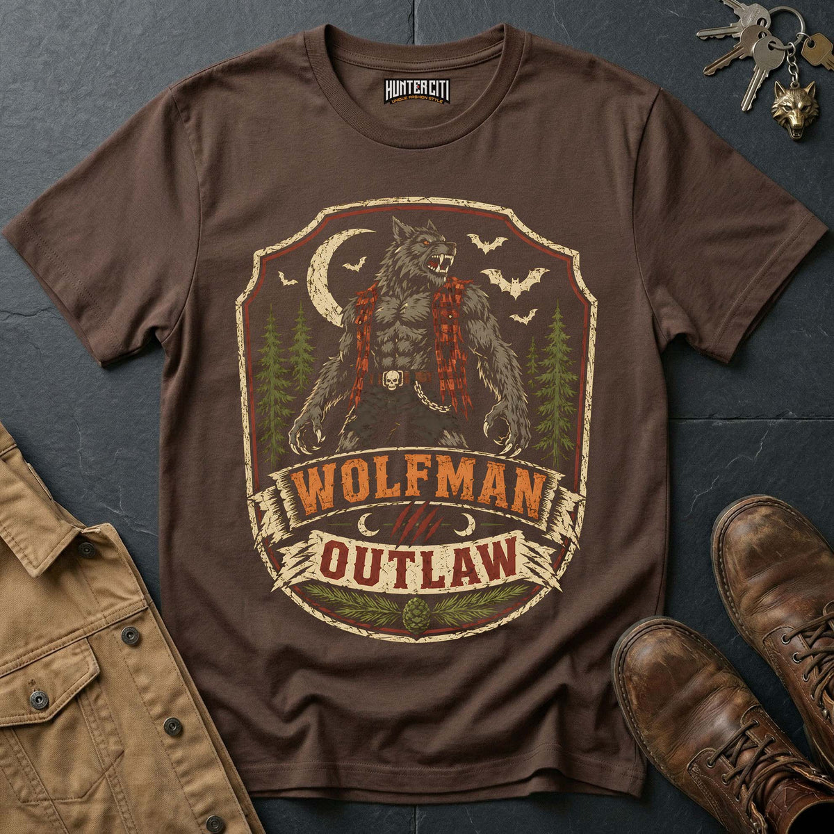 Wolfman Outlaw - Moonlit Werewolf Badge Vintage Wolf Halloween T Shirt
