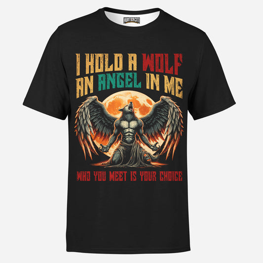 I Hold a Wolf and an Angel in Me Graphic Mens T-Shirt – Spiritual Wolf Angel Werewolf Tee
