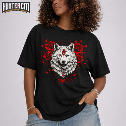 Valentine Wolf Rose Unisex T-Shirt – Comfort Colors 1717 Vintage Washed Tee for Wolf Lovers