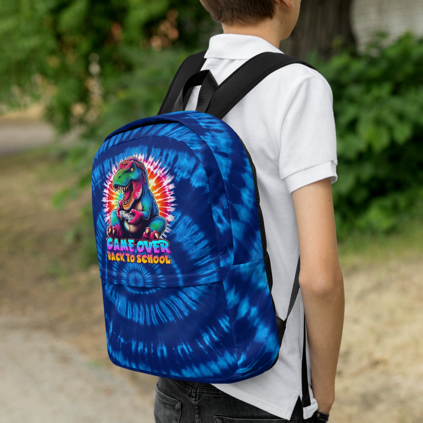 Game Over Back to School Tie-Dye T-Rex Kids Backpack