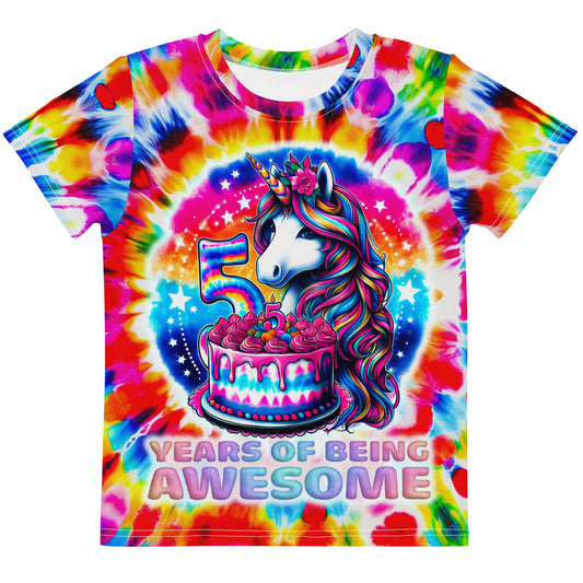 Unicorn 5th Birthday 5 Years of Being Awesome Tie Dye Kids T-Shirt