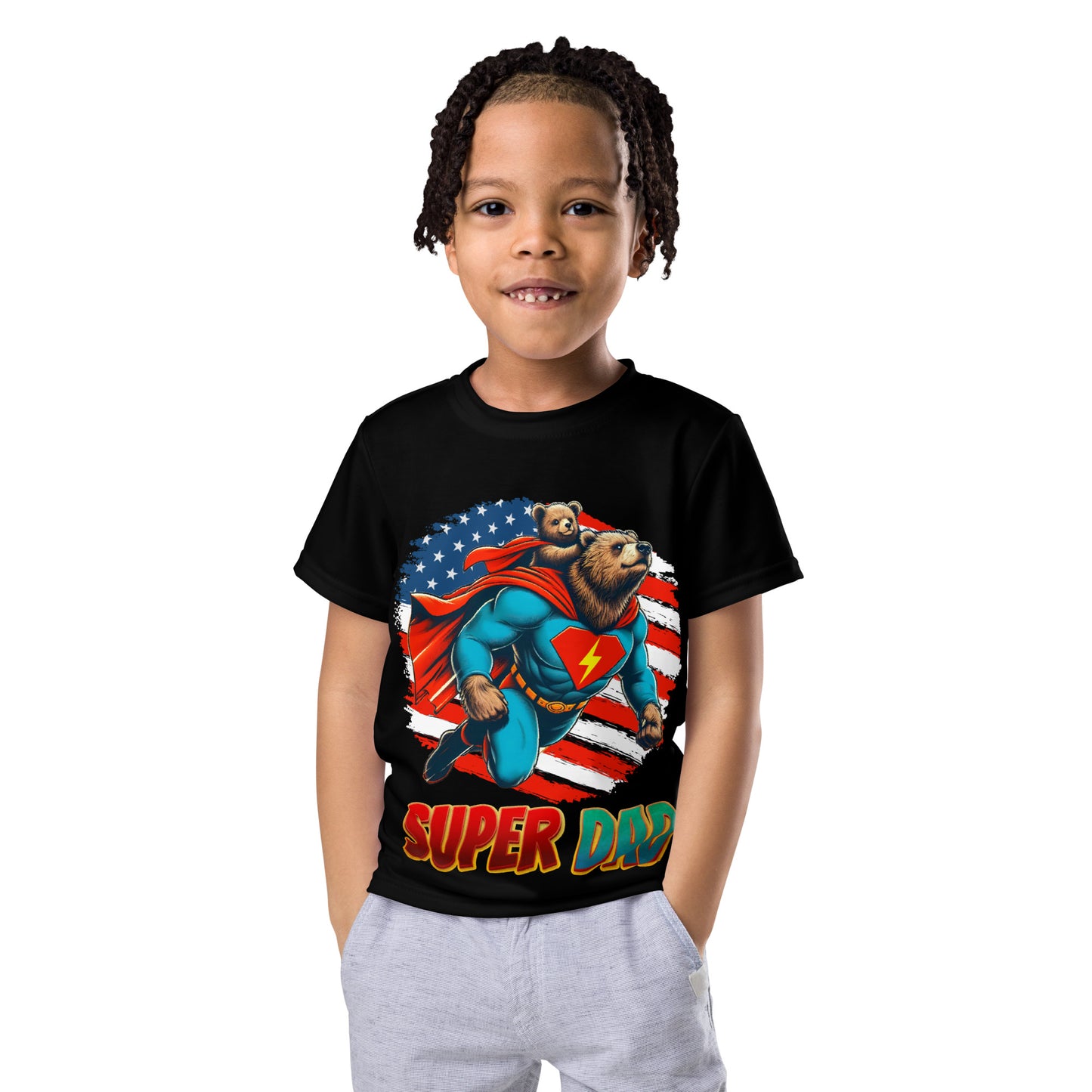 Super Dad Bear Vintage Kids T-Shirt - Patriotic Father's Day Gift with American Flag Design
